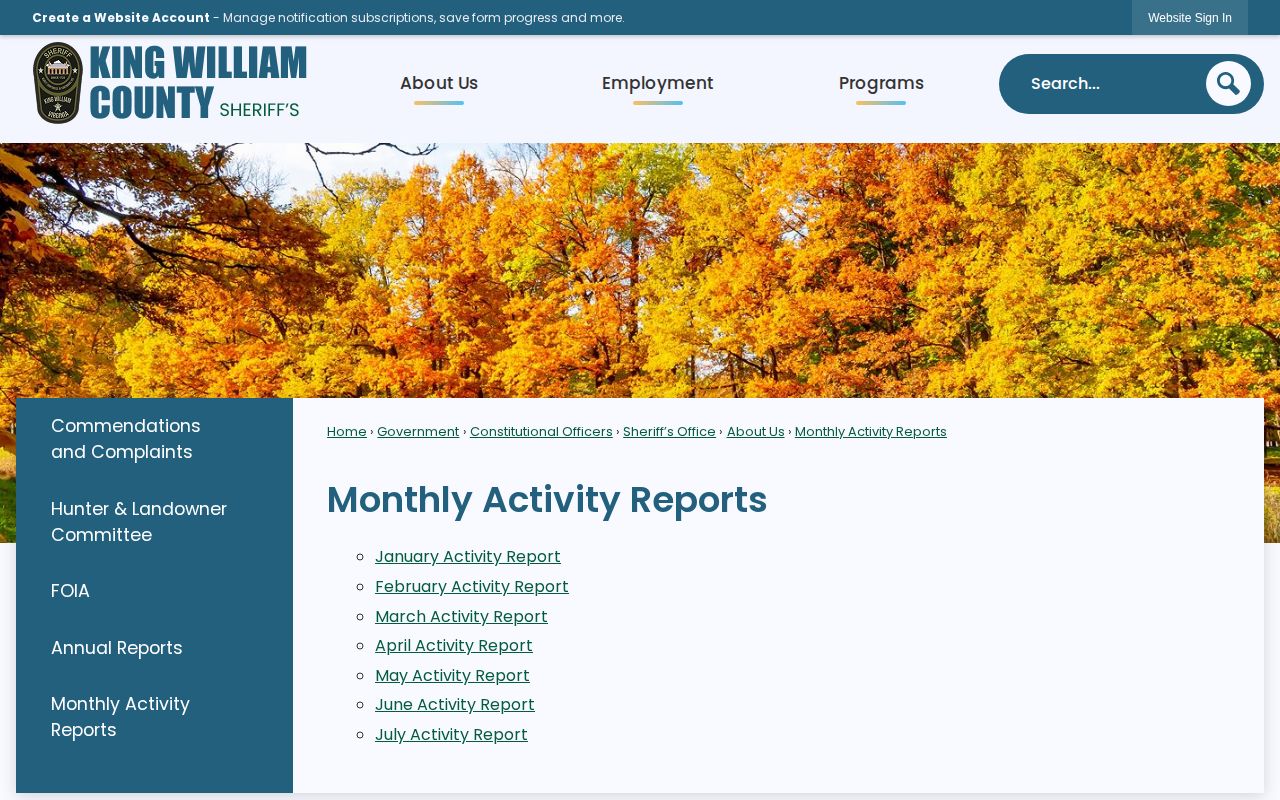 King William County Sheriff monthly activity reports, not individual booking records